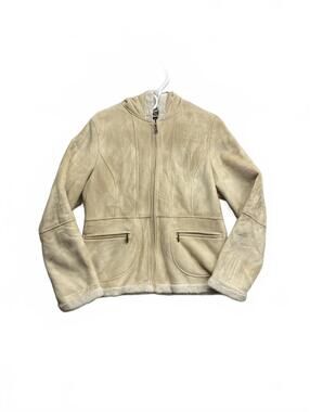 Vintage Y2k Utex Design Beige Faux Suede Shearling Hooded Jacket Size M